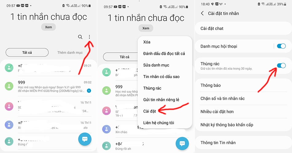 Cách bật tính năng lưu trữ tin nhắn xóa vào thùng rác trên điện thoại Samsung
