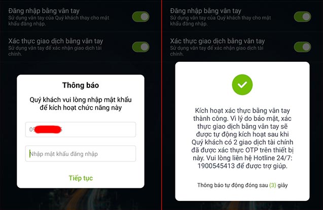 Cách xác thực giao dịch bằng vân tay Vietcombank trên điện thoại